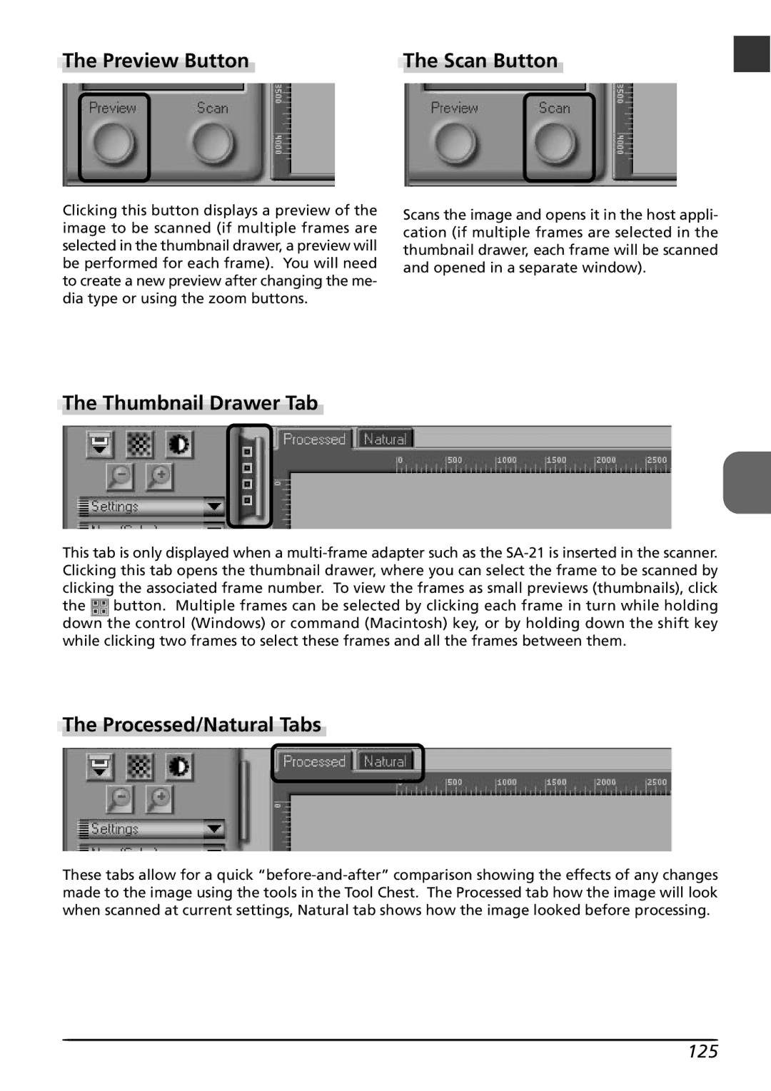 Nikon LS4000 user manual Preview Button, Thumbnail Drawer Tab, Processed/Natural Tabs, 125 