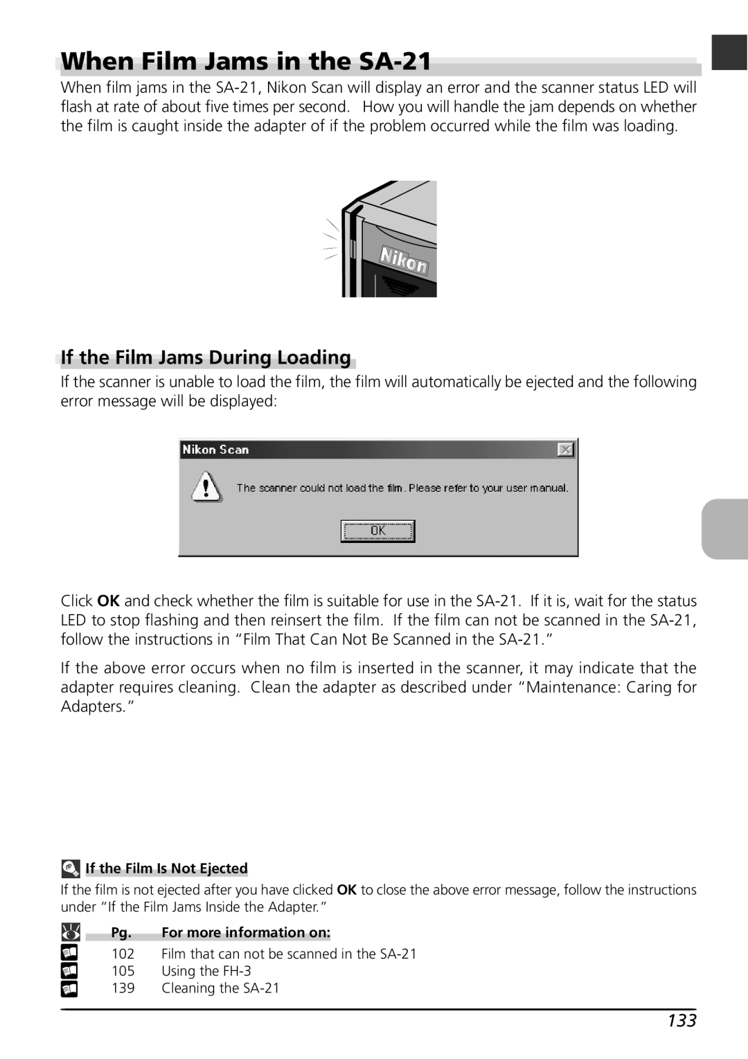 Nikon LS4000 user manual When Film Jams in the SA-21, If the Film Jams During Loading, 133, If the Film Is Not Ejected 