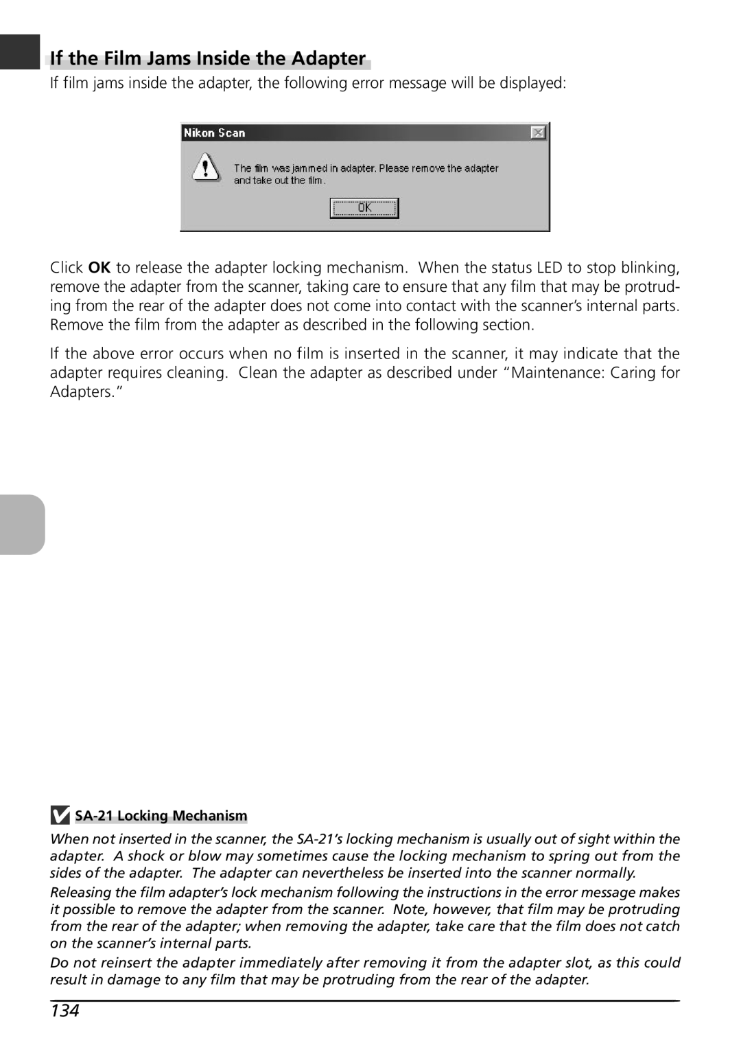 Nikon LS4000 user manual If the Film Jams Inside the Adapter, 134, SA-21 Locking Mechanism 