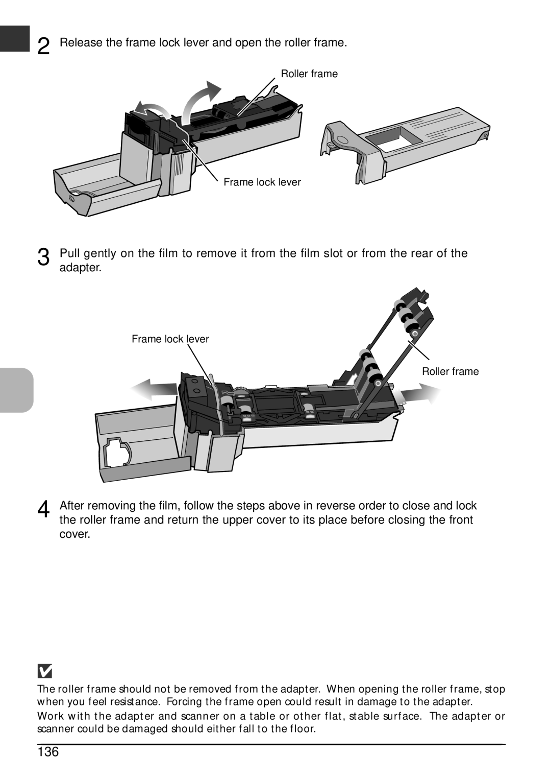 Nikon LS4000 user manual 136, Release the frame lock lever and open the roller frame, Adapter, Cover 