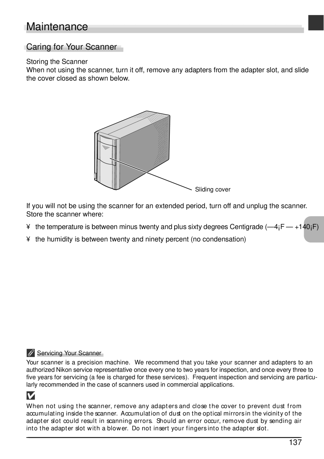 Nikon LS4000 user manual Maintenance, Caring for Your Scanner, 137, Storing the Scanner, Servicing Your Scanner 