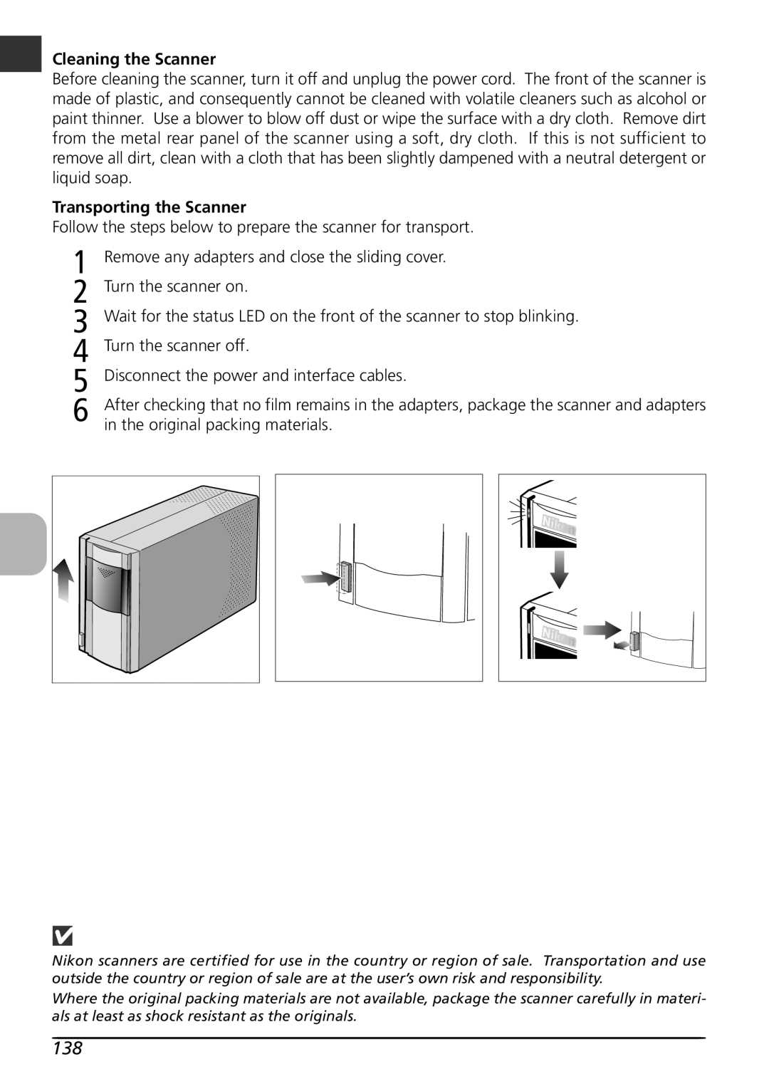 Nikon LS4000 user manual 138, Cleaning the Scanner, Transporting the Scanner, Original packing materials 