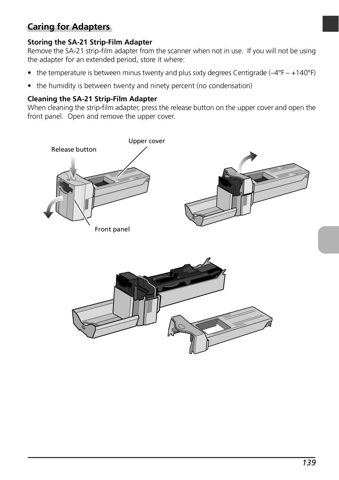 Nikon LS4000 Caring for Adapters, 139, Storing the SA-21 Strip-Film Adapter, Cleaning the SA-21 Strip-Film Adapter 