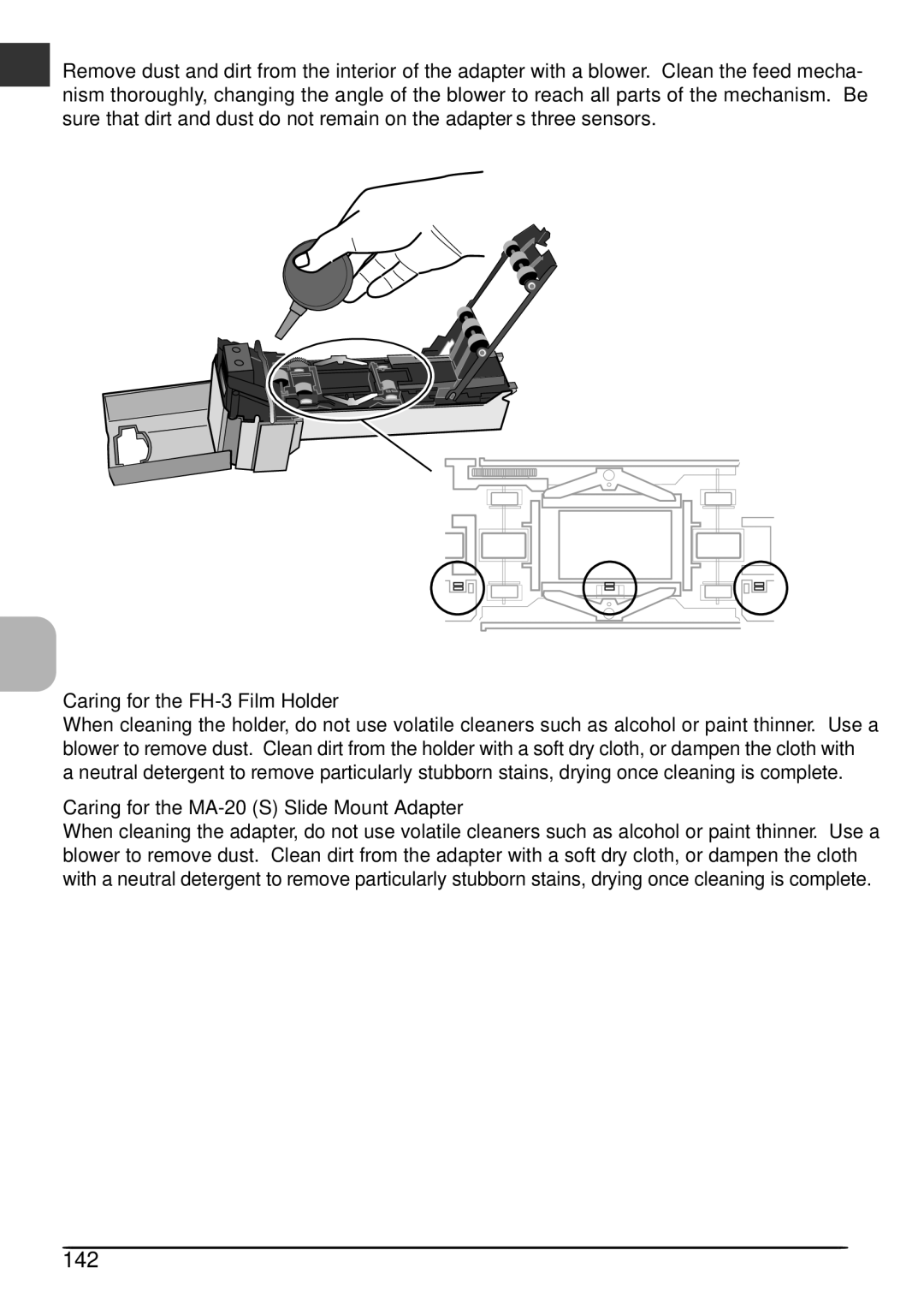 Nikon LS4000 user manual 142, Caring for the FH-3 Film Holder, Caring for the MA-20 S Slide Mount Adapter 