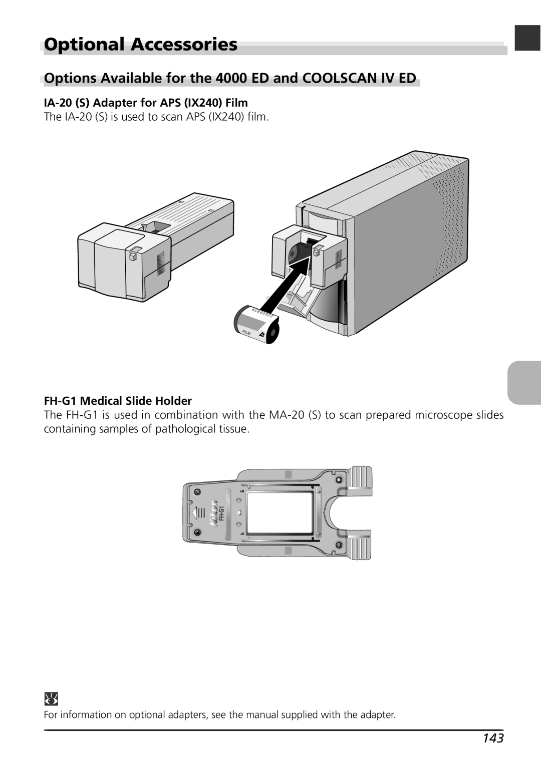 Nikon LS4000 Optional Accessories, Options Available for the 4000 ED and Coolscan IV ED, 143, FH-G1 Medical Slide Holder 