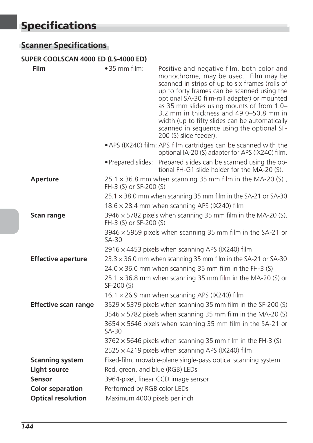 Nikon LS4000 user manual Scanner Specifications, 144 