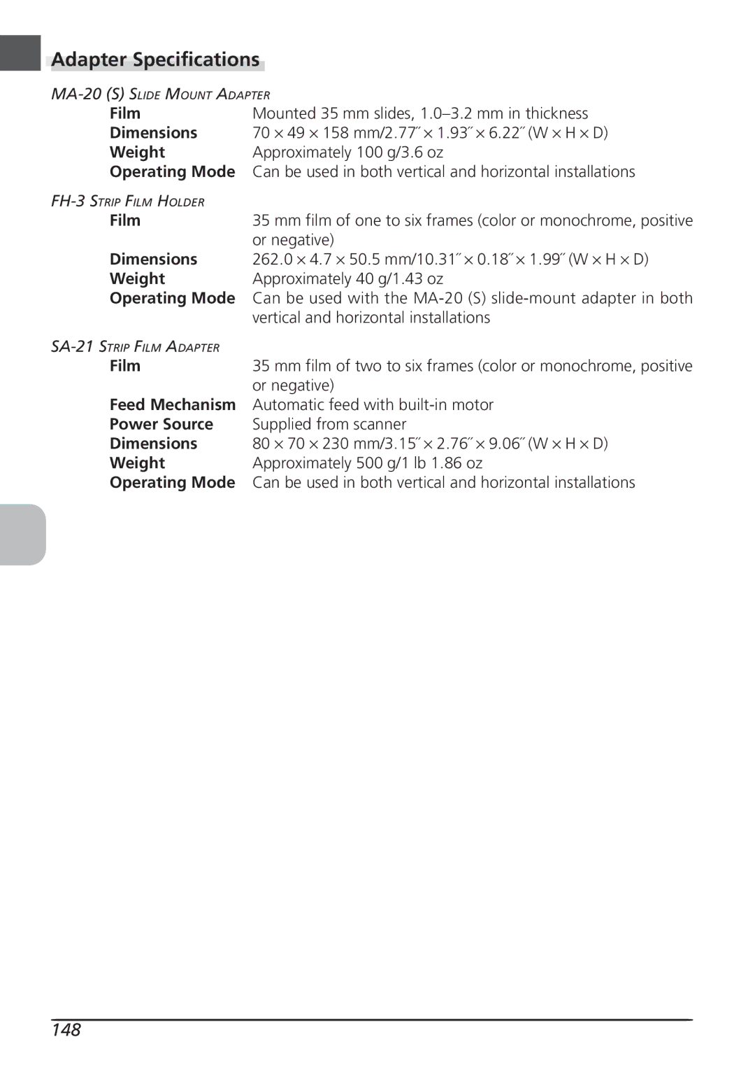 Nikon LS4000 user manual Adapter Specifications, 148 