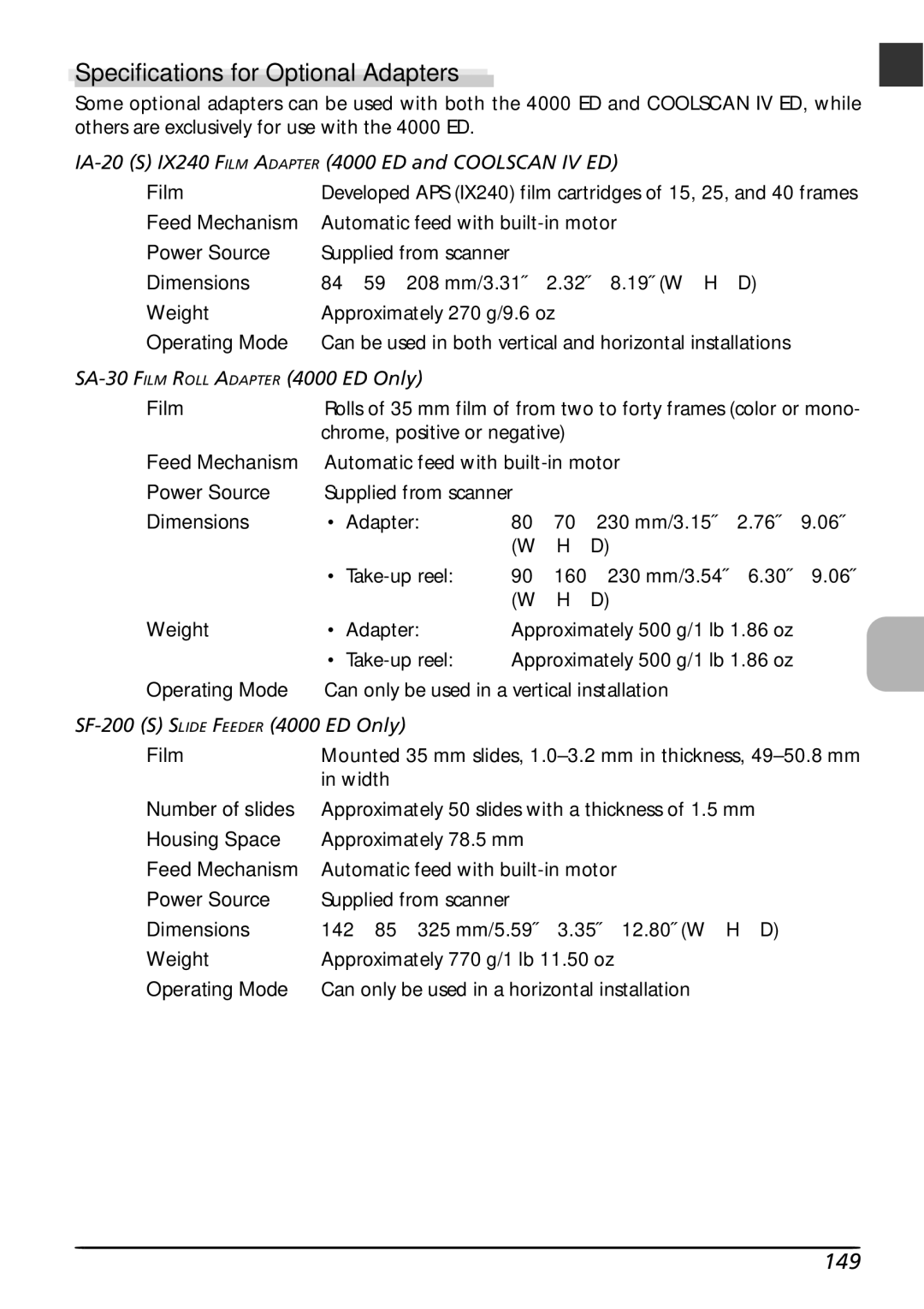 Nikon LS4000 user manual Specifications for Optional Adapters, 149 