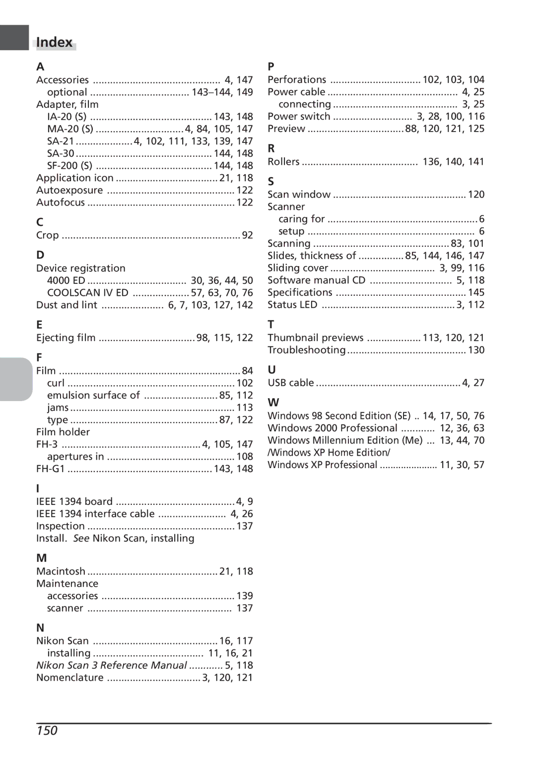 Nikon LS4000 user manual Index, 150 