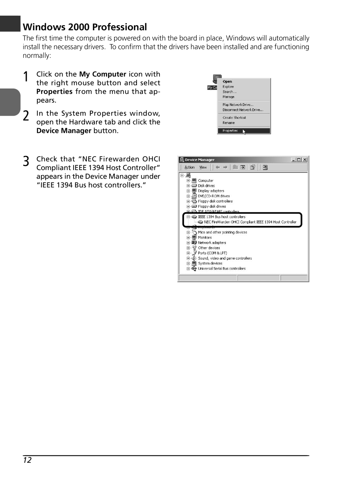 Nikon LS4000 user manual Device Manager button, Check that NEC Firewarden Ohci 