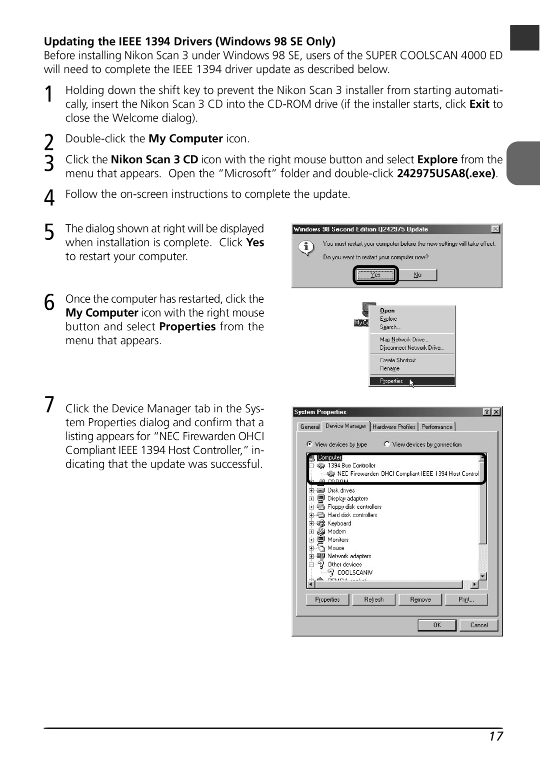 Nikon LS4000 user manual Updating the Ieee 1394 Drivers Windows 98 SE Only 