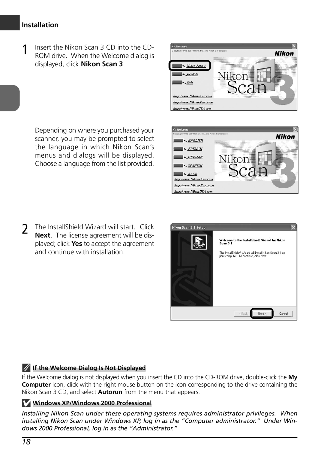 Nikon LS4000 user manual En Installation, Displayed, click Nikon Scan, If the Welcome Dialog Is Not Displayed 