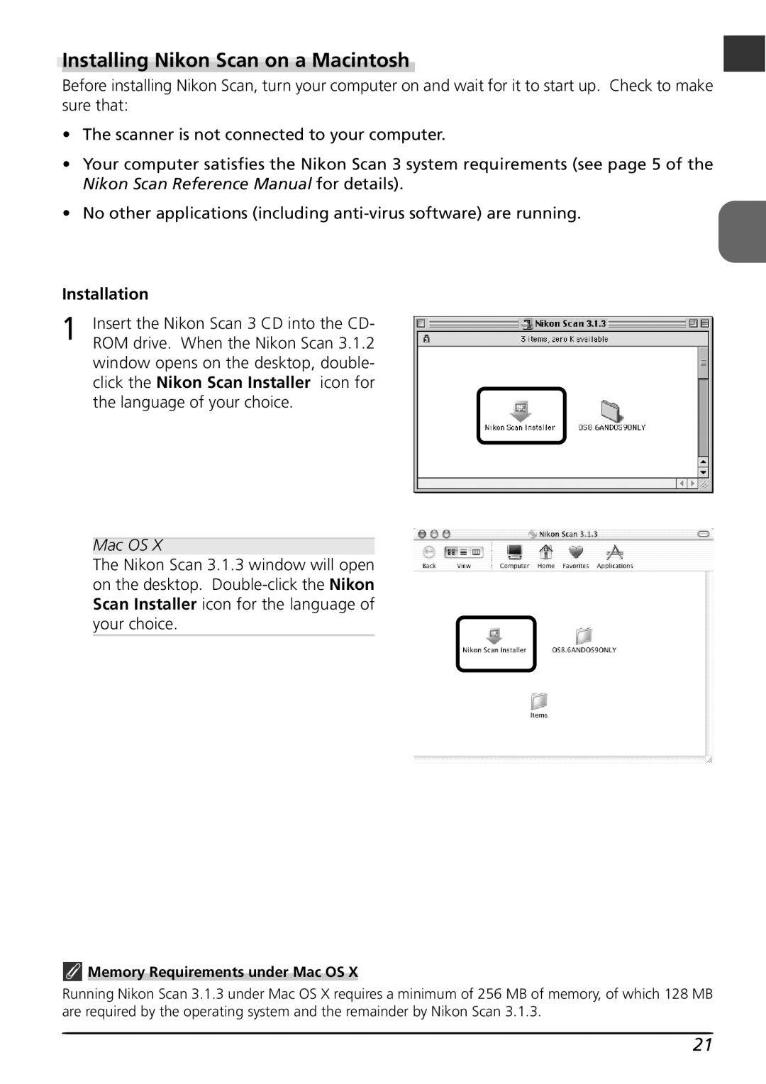 Nikon LS4000 user manual Installation, Memory Requirements under Mac OS 