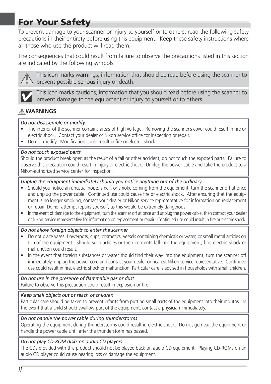 Nikon LS4000 user manual For Your Safety, Do not disassemble or modify 