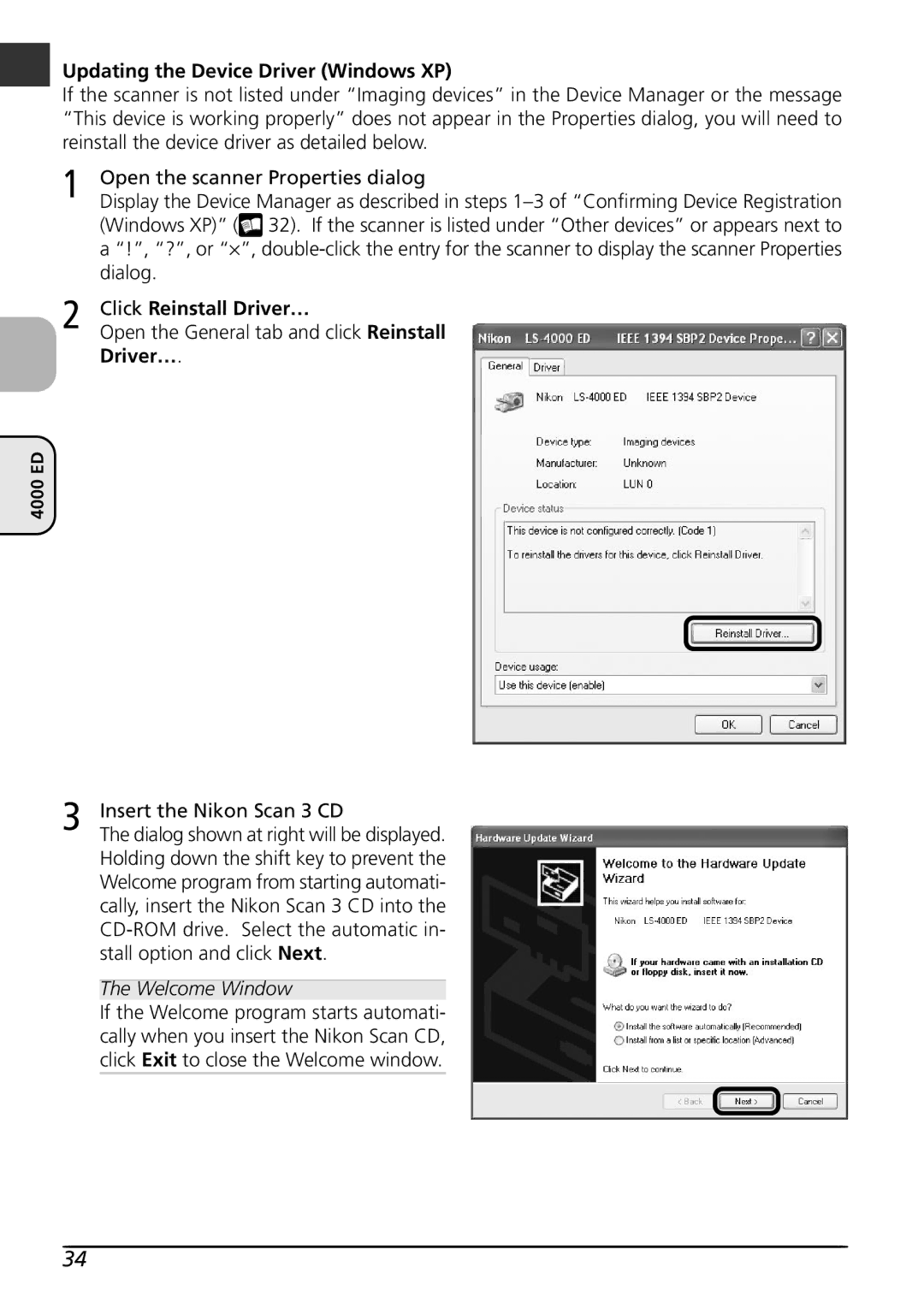 Nikon LS4000 user manual Updating the Device Driver Windows XP, Click Reinstall Driver…, Welcome Window 