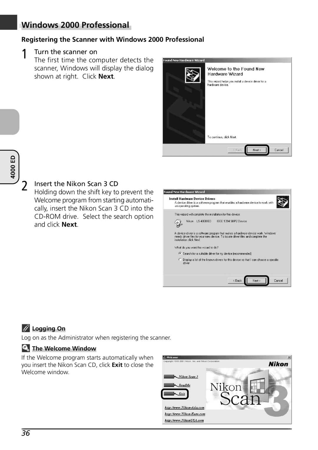 Nikon LS4000 user manual Registering the Scanner with Windows 2000 Professional, Welcome Window 