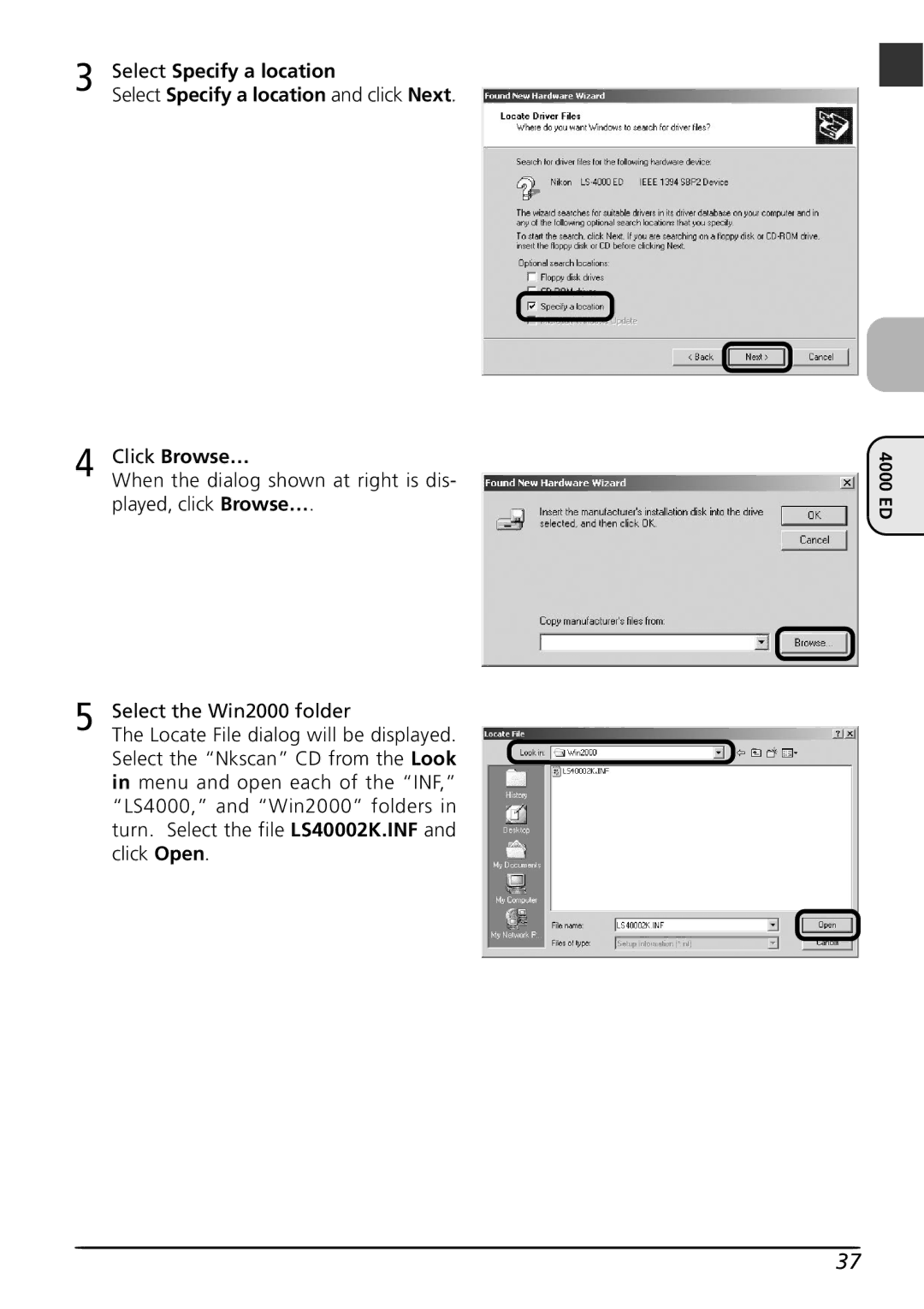 Nikon LS4000 user manual Click Browse…, Select Specify a location and click Next 