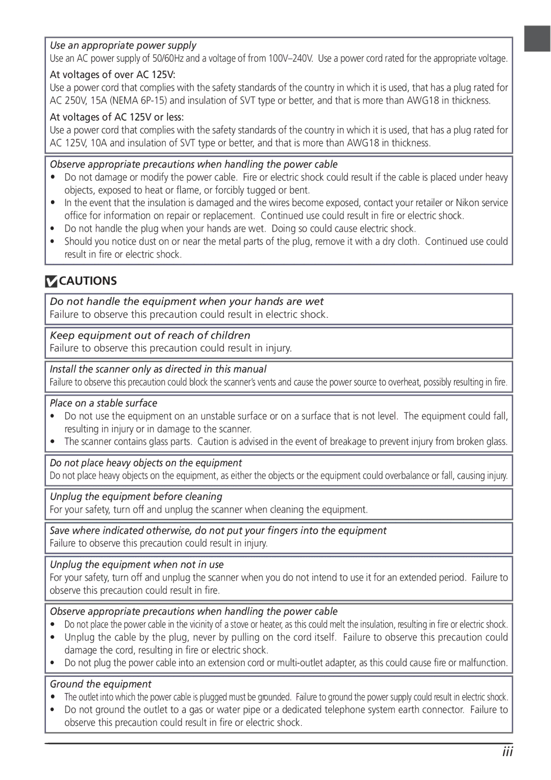 Nikon LS4000 user manual Iii, Use an appropriate power supply 