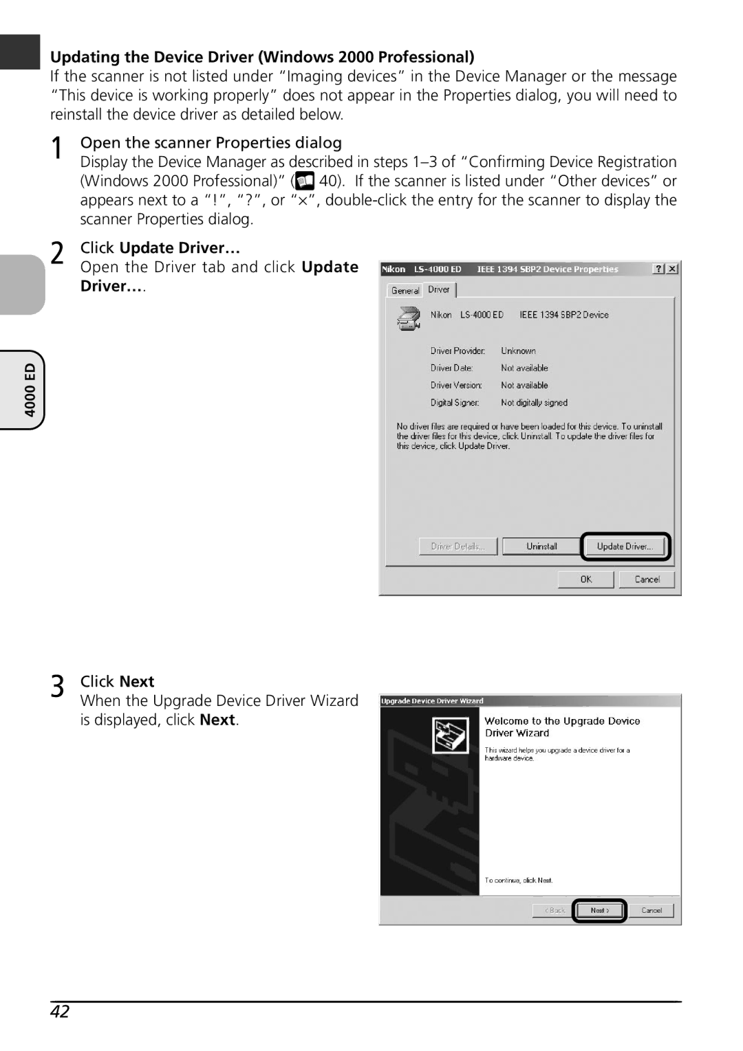 Nikon LS4000 Updating the Device Driver Windows 2000 Professional, Scanner Properties dialog, Click Update Driver… 