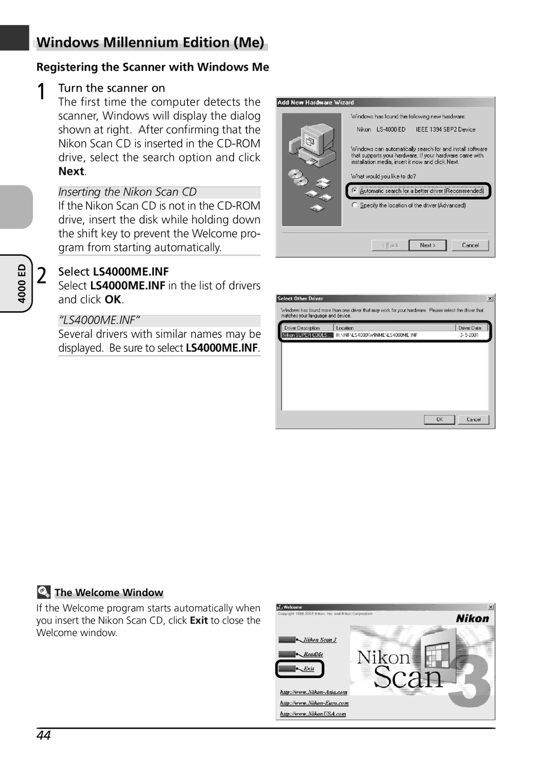 Nikon LS4000 Windows Millennium Edition Me, Registering the Scanner with Windows Me, Inserting the Nikon Scan CD 