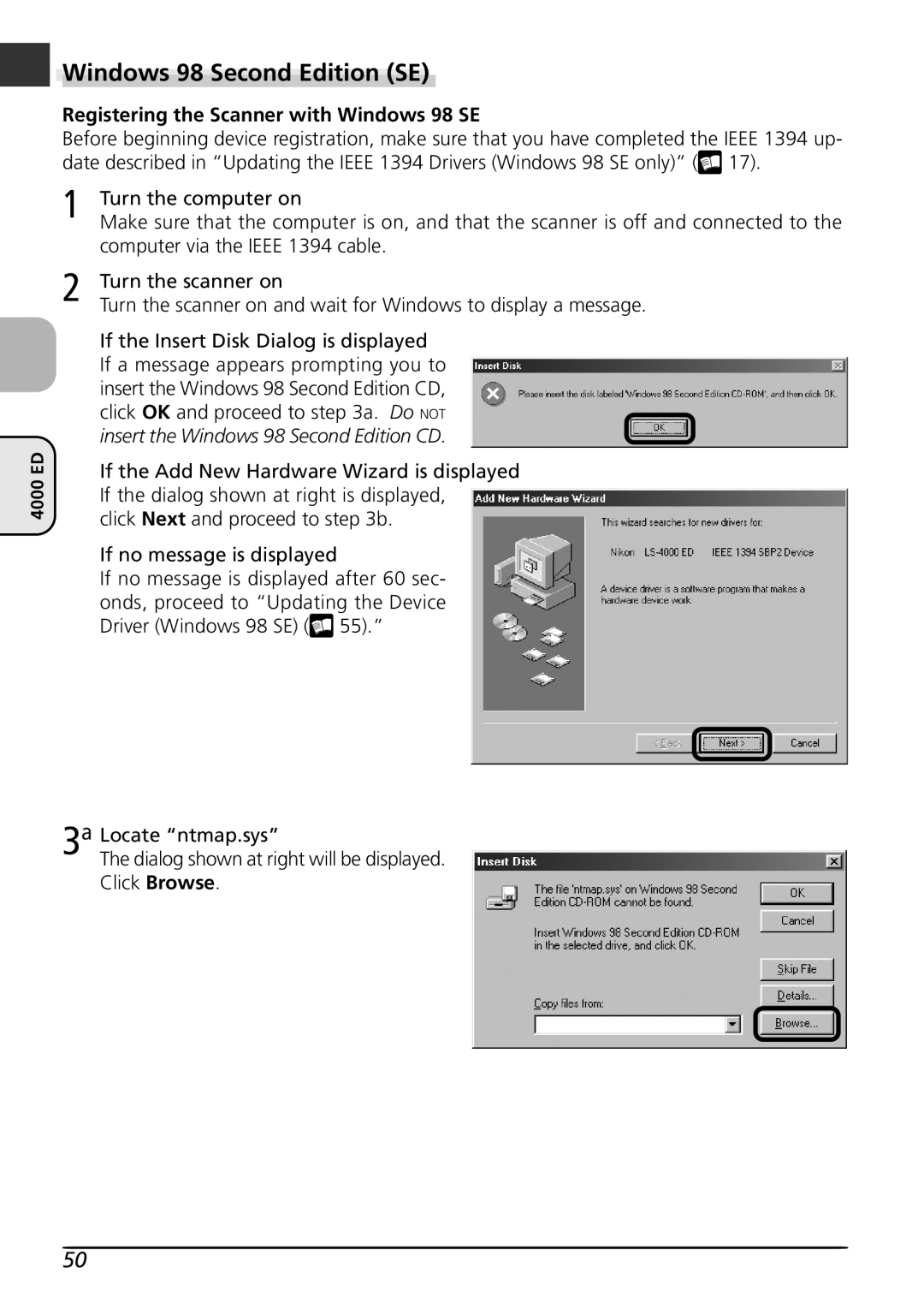 Nikon LS4000 user manual Windows 98 Second Edition SE, Registering the Scanner with Windows 98 SE, Turn the computer on 