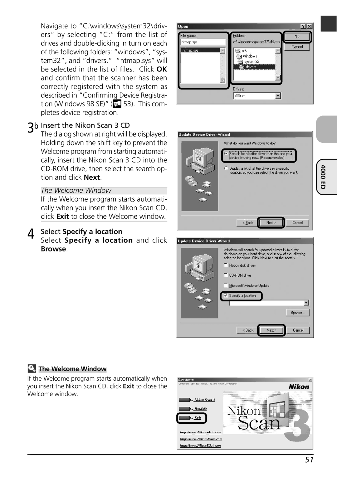 Nikon LS4000 user manual 3b Insert the Nikon Scan 3 CD, Select Specify a location and click, Browse 