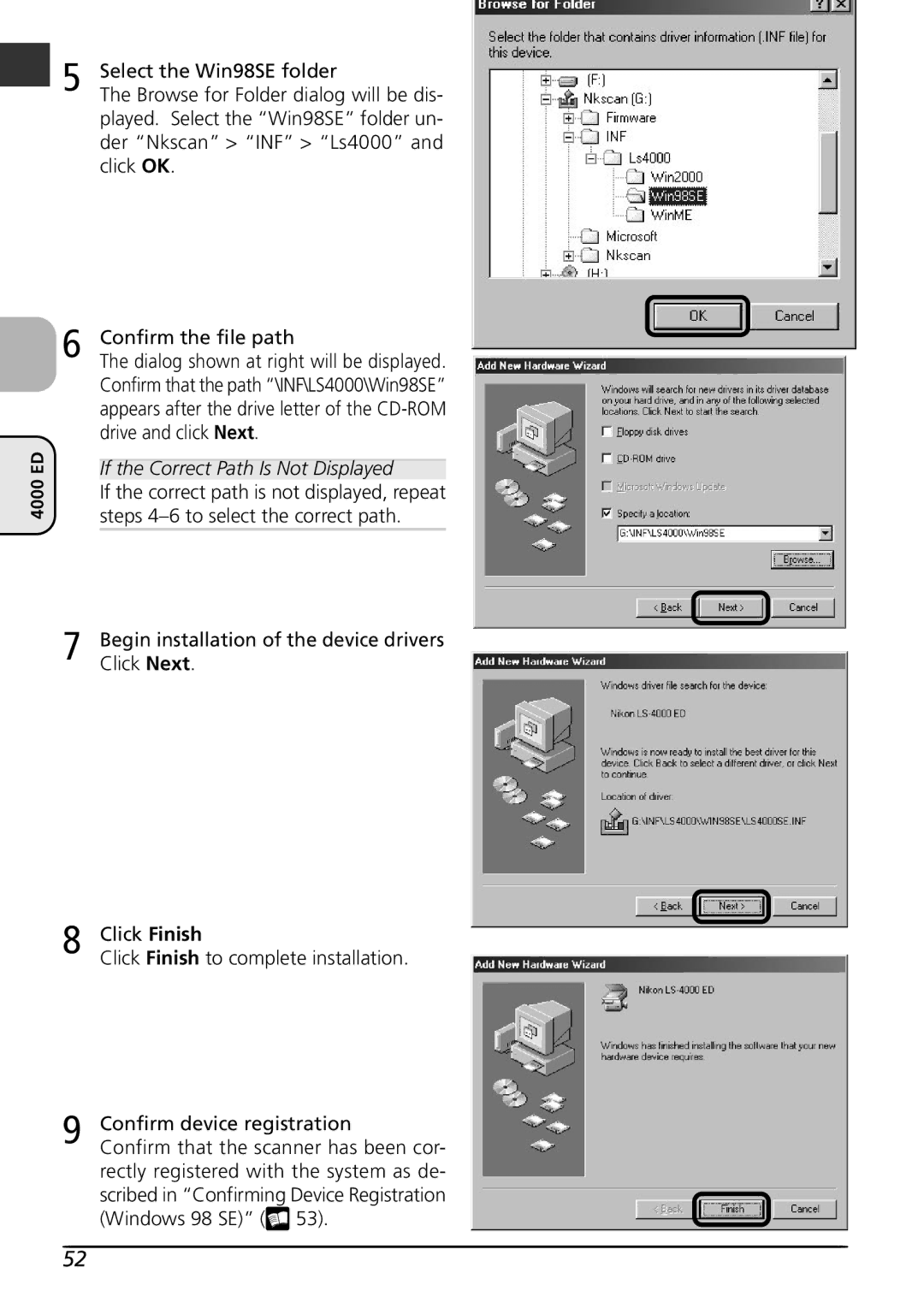 Nikon LS4000 user manual Select the Win98SE folder, If the Correct Path Is Not Displayed 