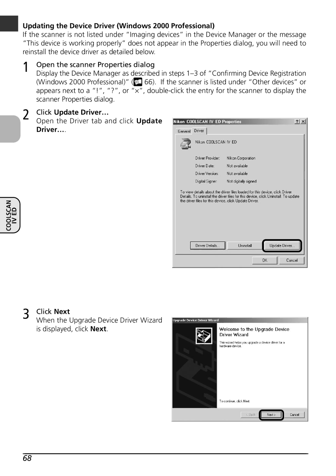 Nikon LS4000 user manual Updating the Device Driver Windows 2000 Professional 