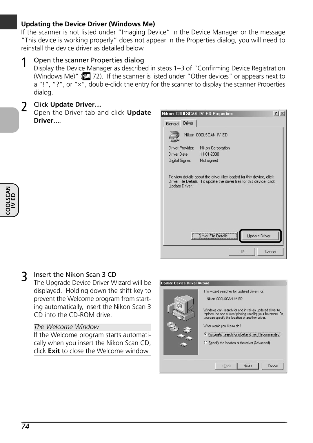 Nikon LS4000 user manual Updating the Device Driver Windows Me 