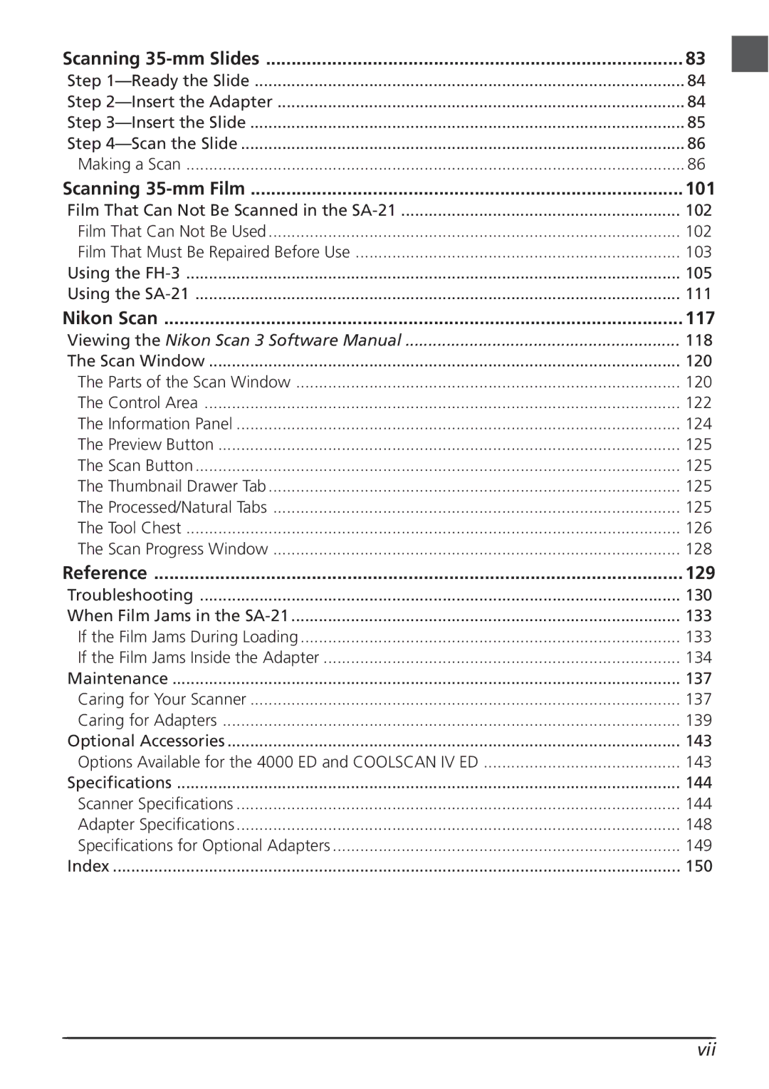 Nikon LS4000 user manual Vii, Scanning 35-mm Slides, Scanning 35-mm Film, Nikon Scan, Reference 