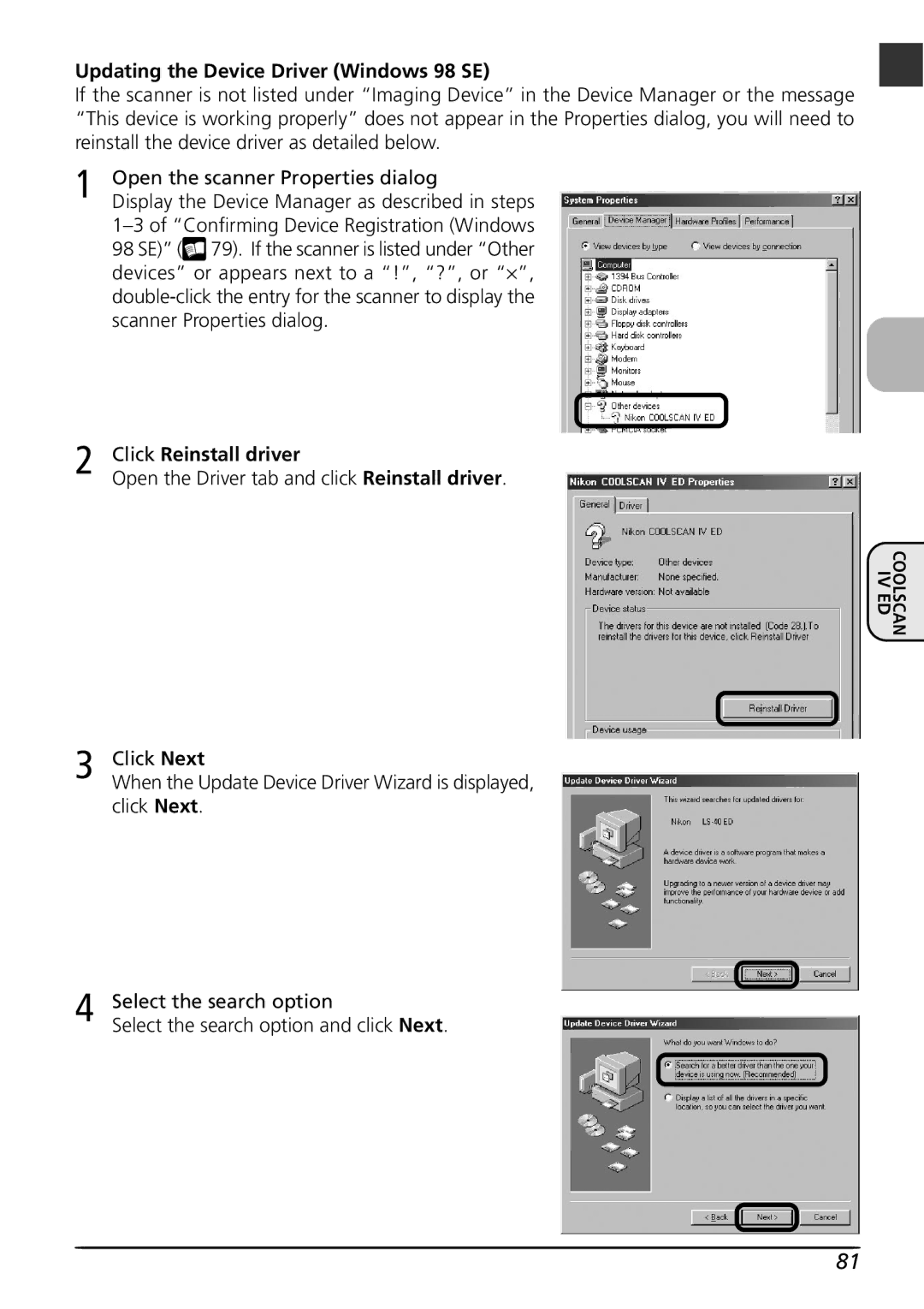 Nikon LS4000 user manual Click Reinstall driver, Open the Driver tab and click Reinstall driver 