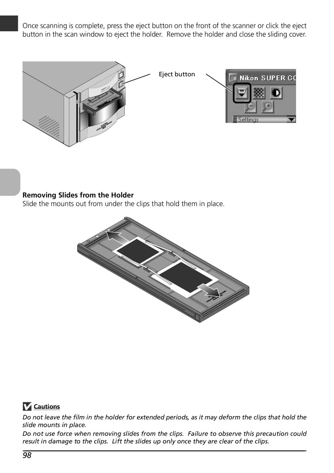 Nikon LS8000 user manual Removing Slides from the Holder, Cautions 