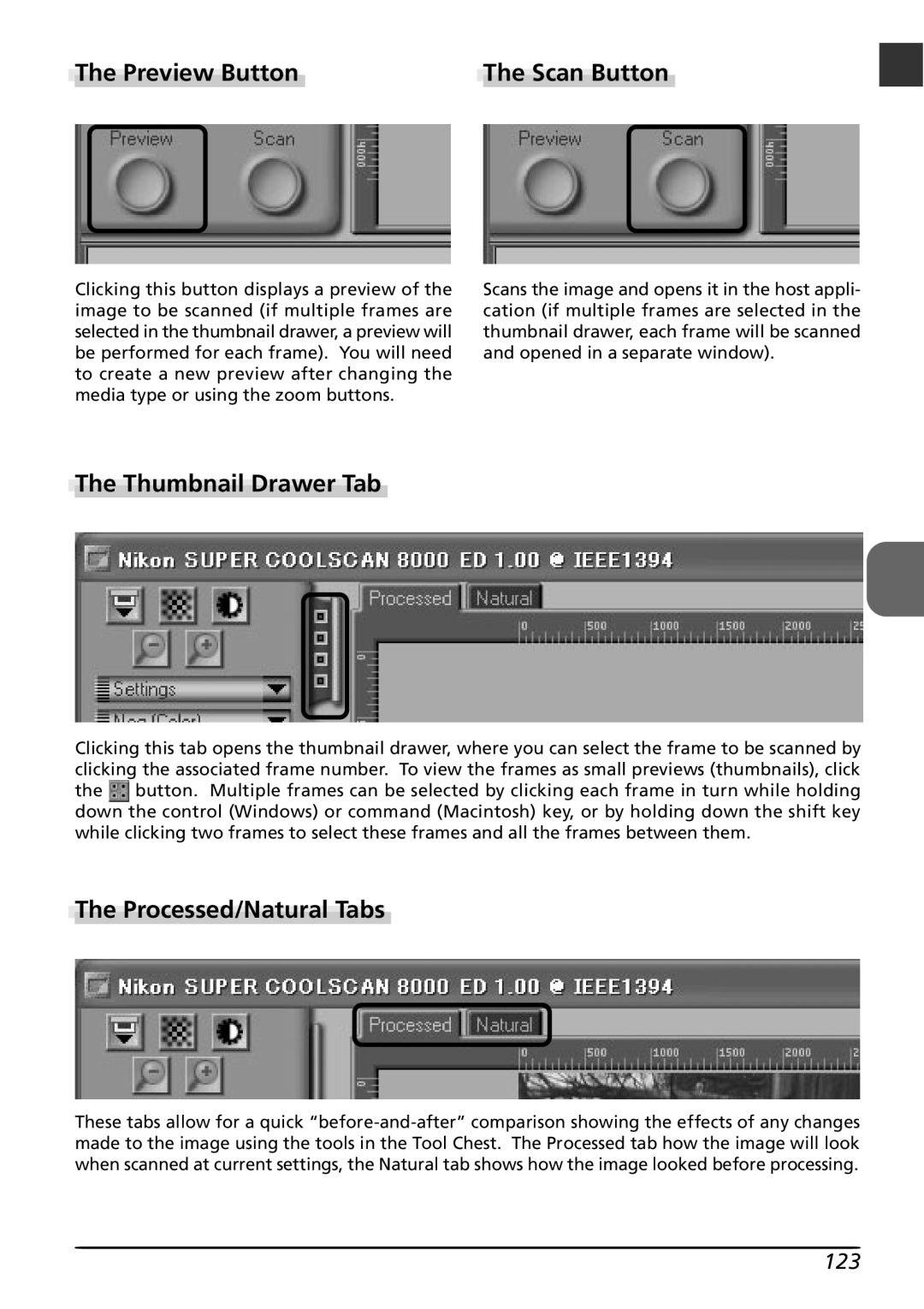 Nikon LS8000 user manual The Preview Button, The Thumbnail Drawer Tab, The Processed/Natural Tabs, The Scan Button 