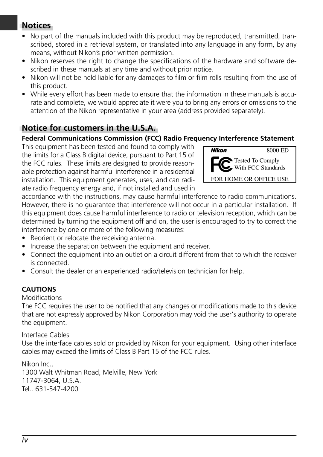 Nikon LS8000 user manual Notices, Notice for customers in the U.S.A, Cautions 