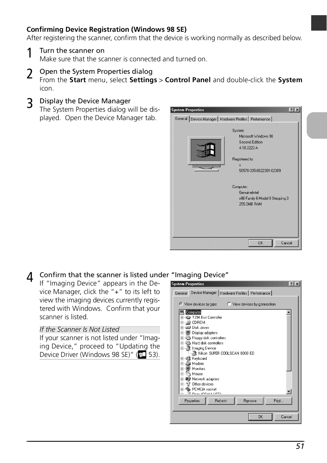Nikon LS8000 user manual Confirming Device Registration Windows 98 SE 