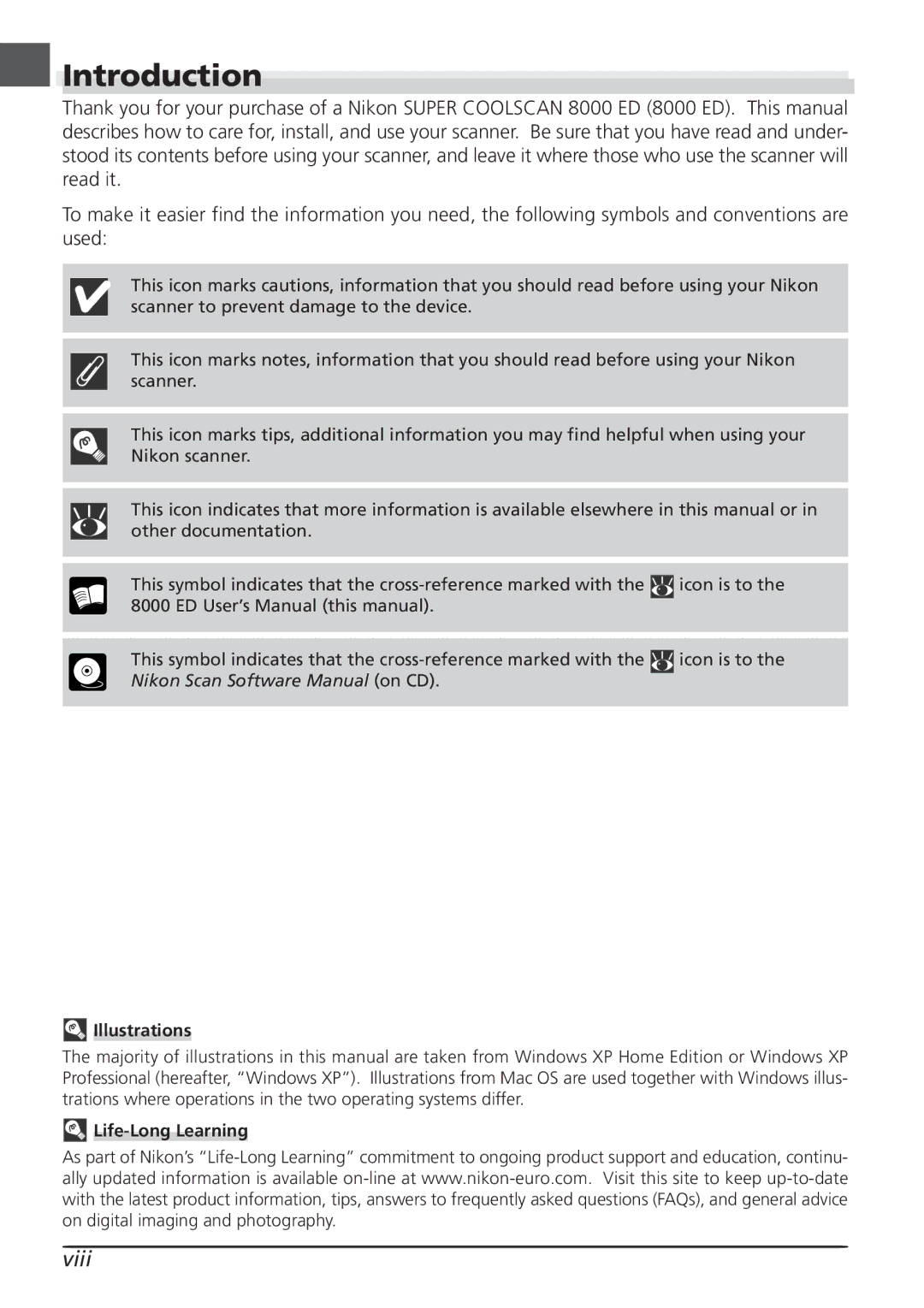 Nikon LS8000 user manual Introduction, Viii, Illustrations, Life-Long Learning 