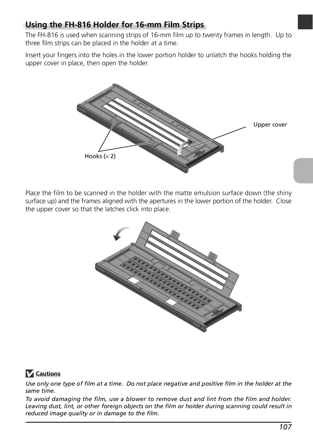 Nikon LS8000 user manual Using the FH-816 Holder for 16-mm Film Strips, 107 