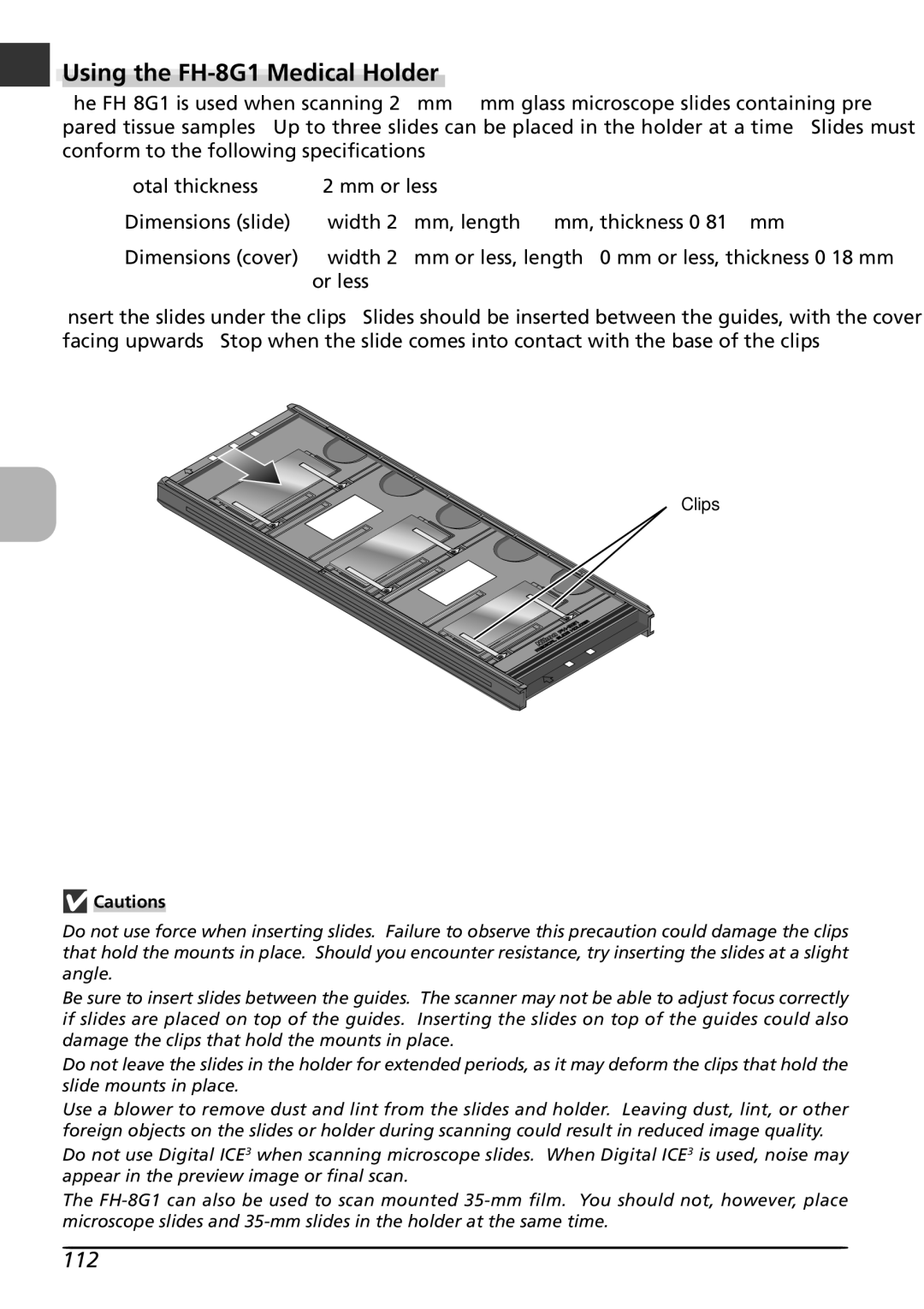 Nikon LS8000 user manual Using the FH-8G1 Medical Holder, 112 