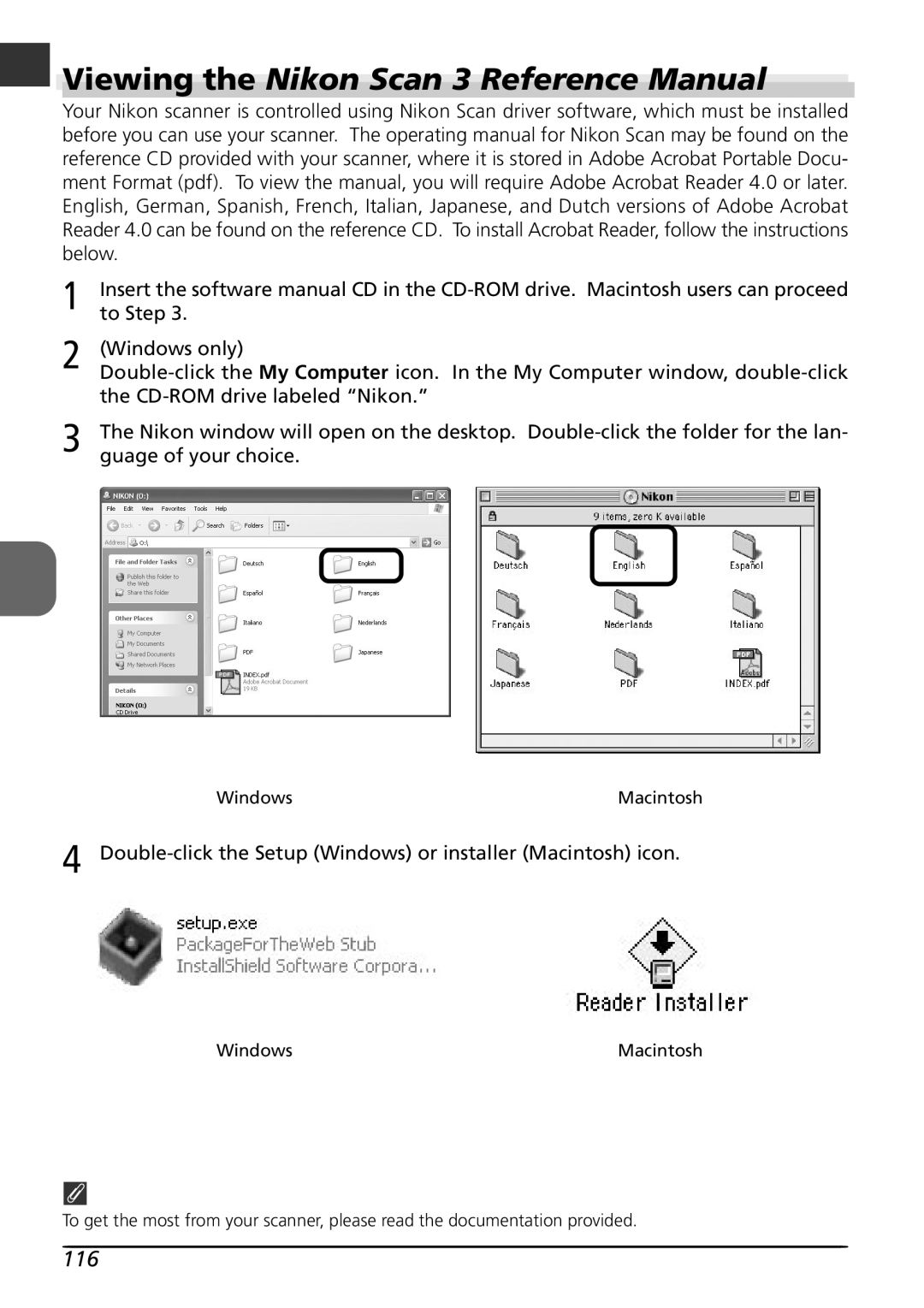 Nikon LS8000 user manual 116, To Step, CD-ROM drive labeled Nikon, Guage of your choice 