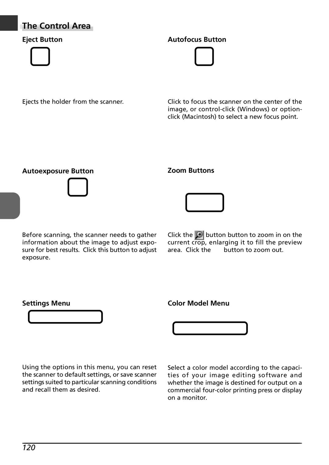 Nikon LS8000 user manual Control Area, 120, Eject Button Autofocus Button, Autoexposure Button Zoom Buttons 