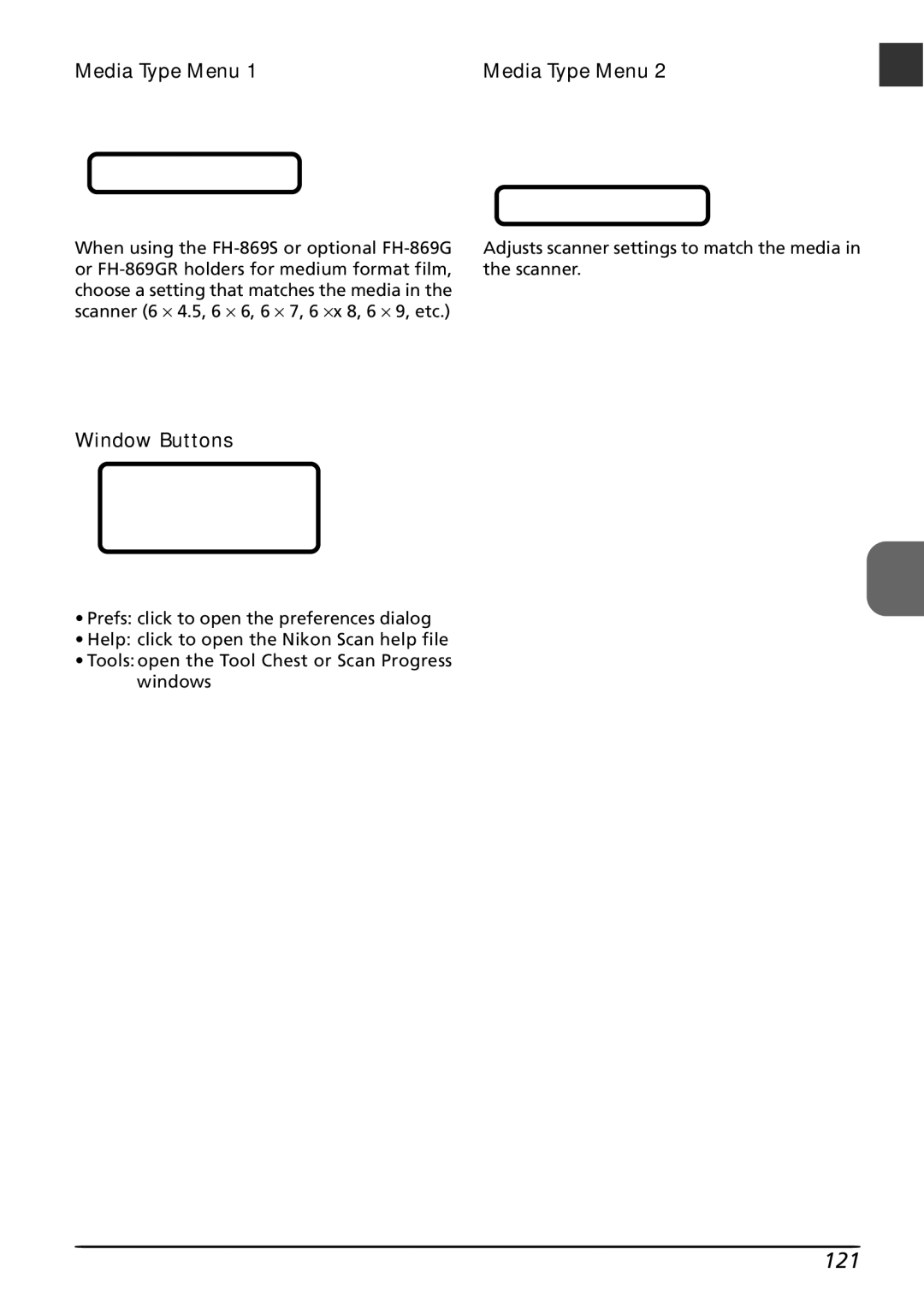 Nikon LS8000 user manual 121, Media Type Menu, Window Buttons 