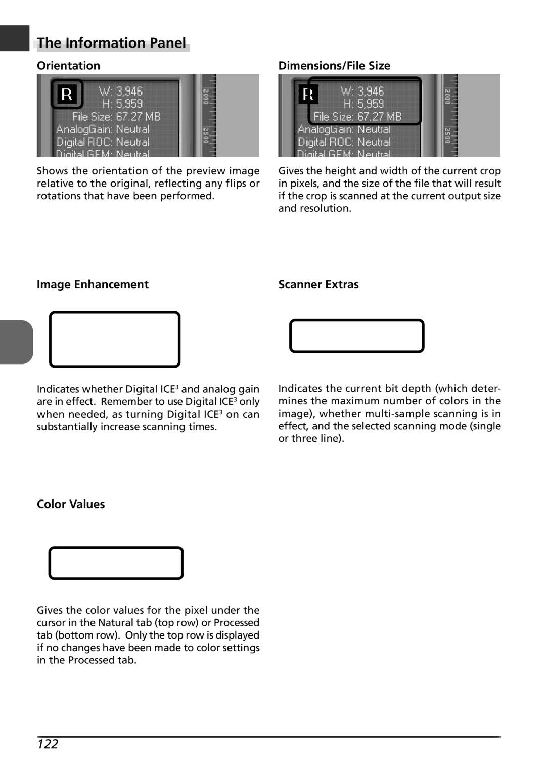 Nikon LS8000 user manual Information Panel, 122, Orientation Dimensions/File Size, Image Enhancement, Color Values 