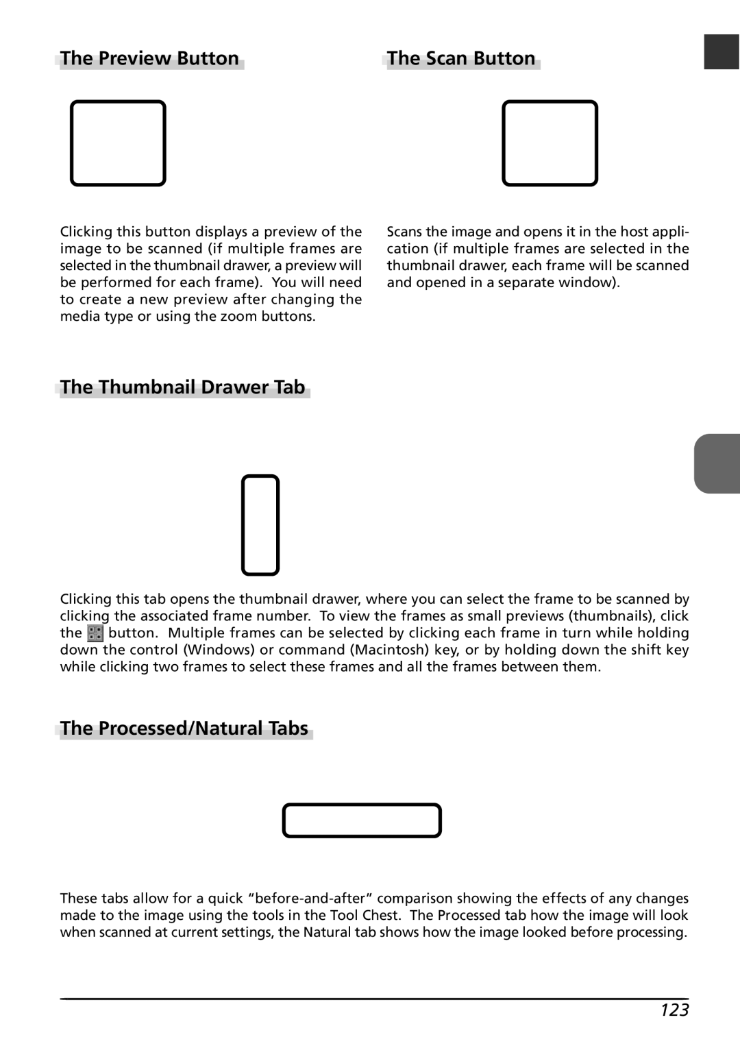 Nikon LS8000 user manual Preview Button, Thumbnail Drawer Tab, Processed/Natural Tabs, 123 