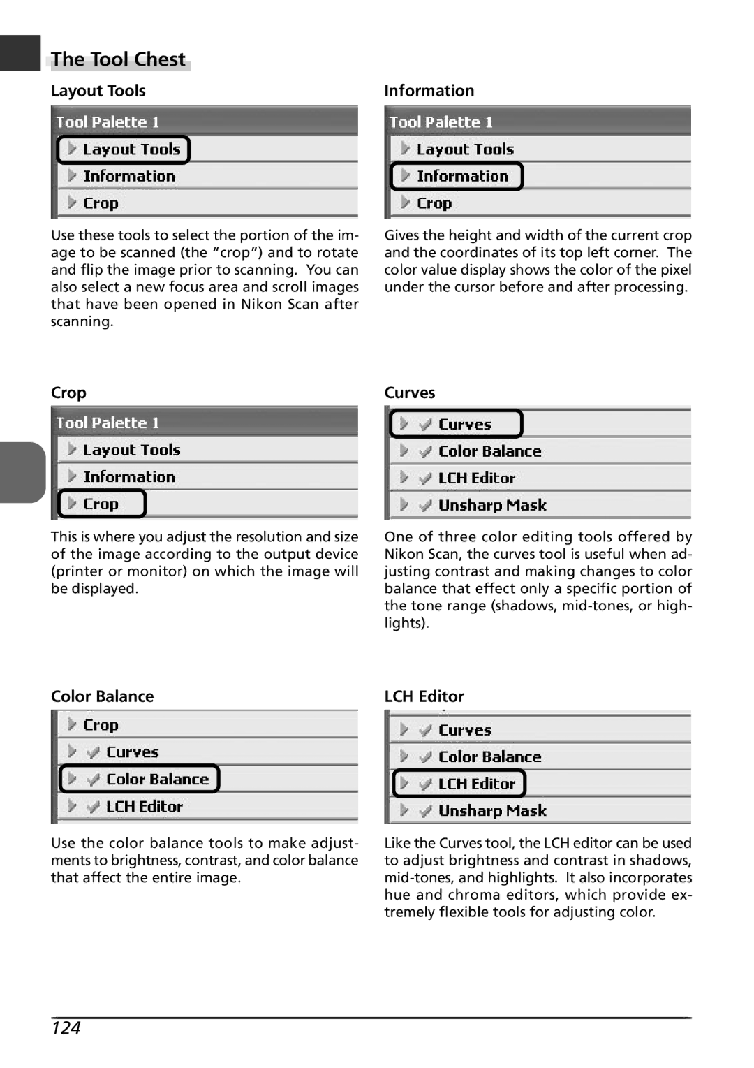 Nikon LS8000 user manual Tool Chest, 124, Layout Tools Information, Crop, Color Balance LCH Editor 