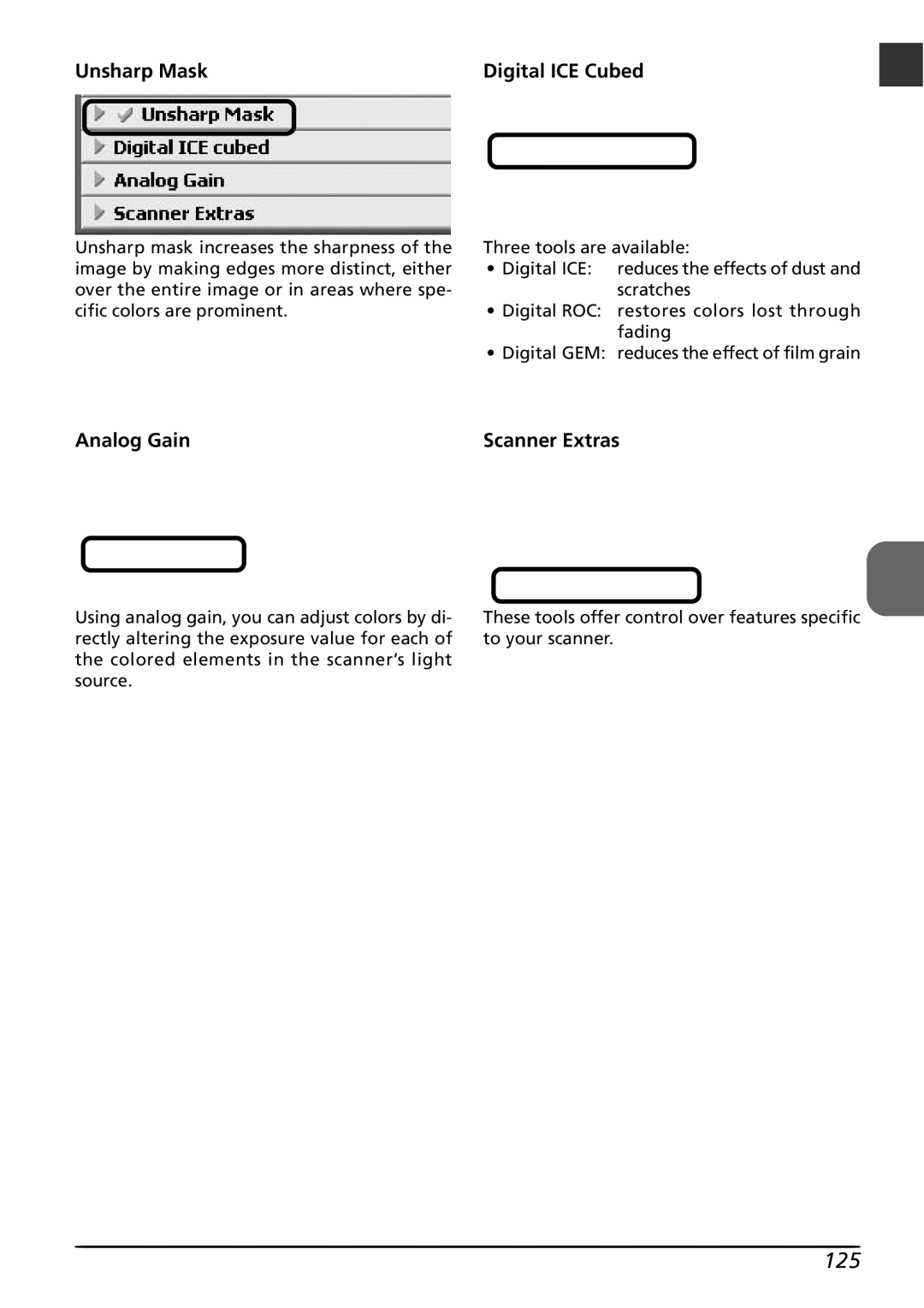 Nikon LS8000 user manual 125, Unsharp Mask Digital ICE Cubed, Analog Gain 