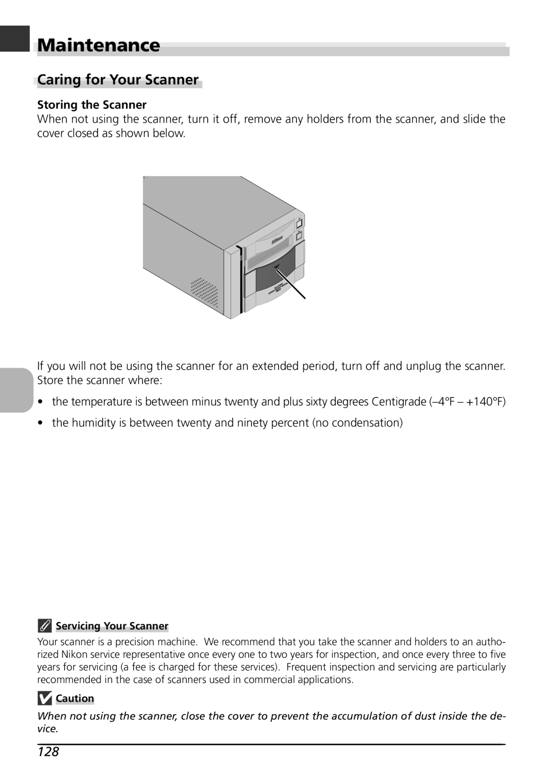 Nikon LS8000 user manual Maintenance, Caring for Your Scanner, 128, Storing the Scanner, Servicing Your Scanner 