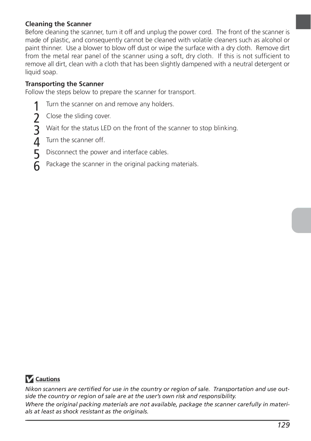 Nikon LS8000 user manual 129, Cleaning the Scanner, Transporting the Scanner, Disconnect the power and interface cables 