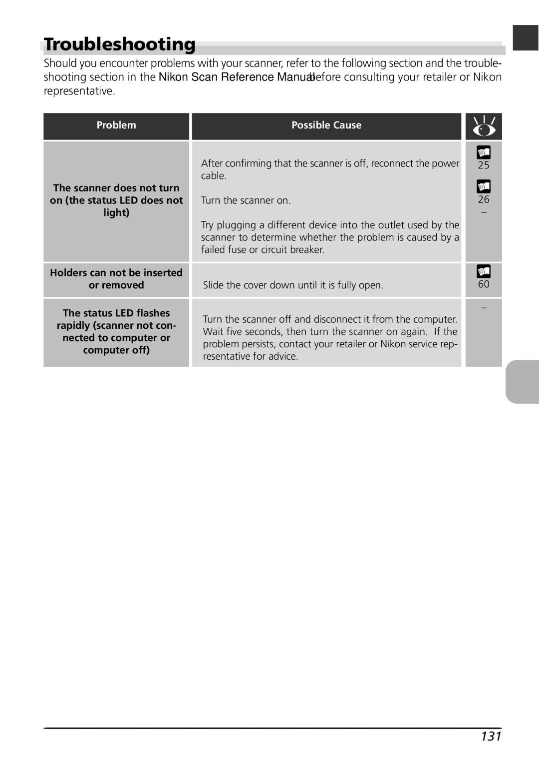 Nikon LS8000 user manual Troubleshooting, 131, Or removed Status LED flashes 