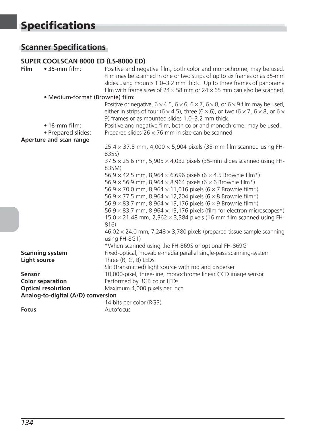 Nikon LS8000 user manual Scanner Specifications, 134 