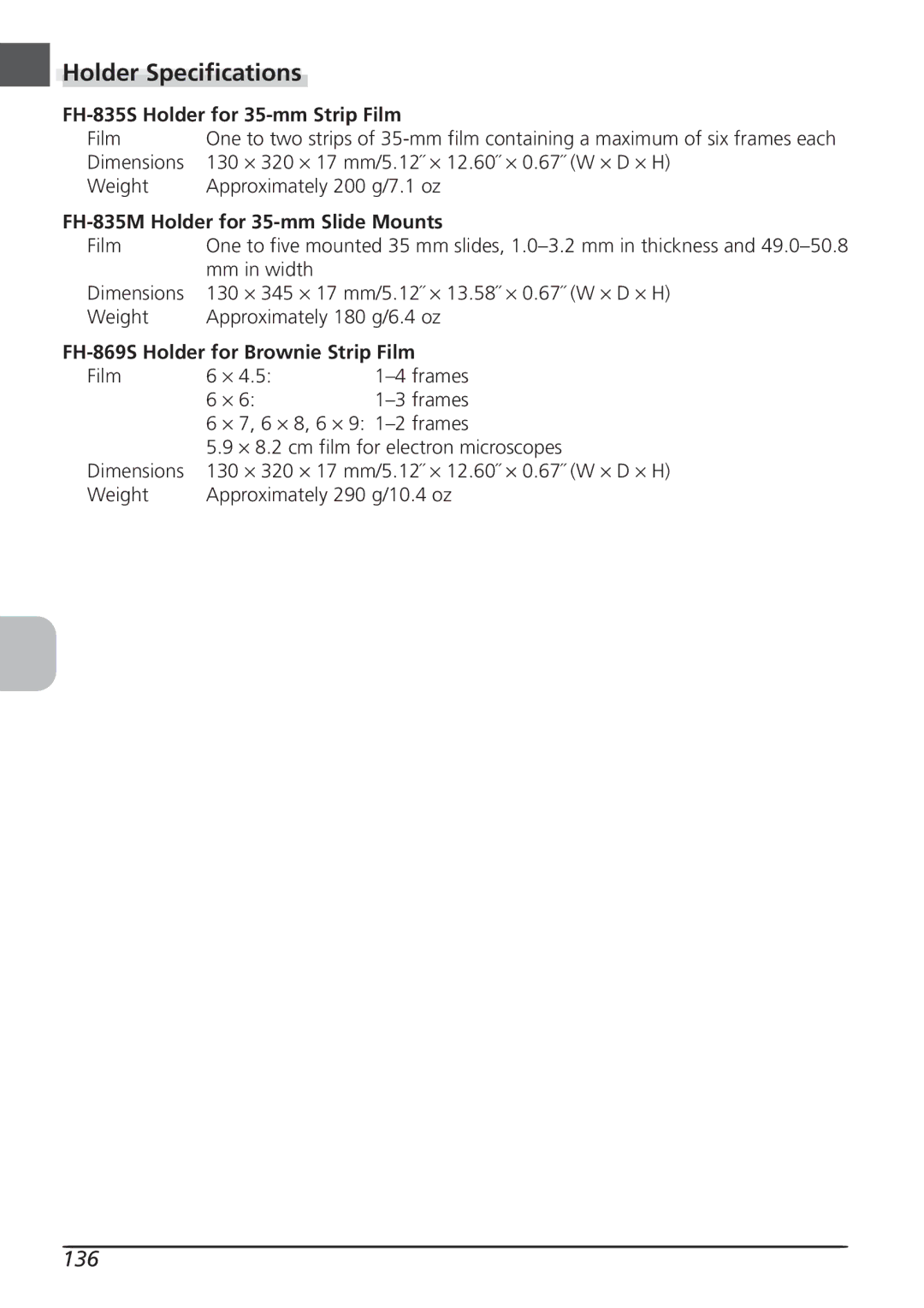 Nikon LS8000 Holder Specifications, 136, FH-835S Holder for 35-mm Strip Film, FH-835M Holder for 35-mm Slide Mounts 